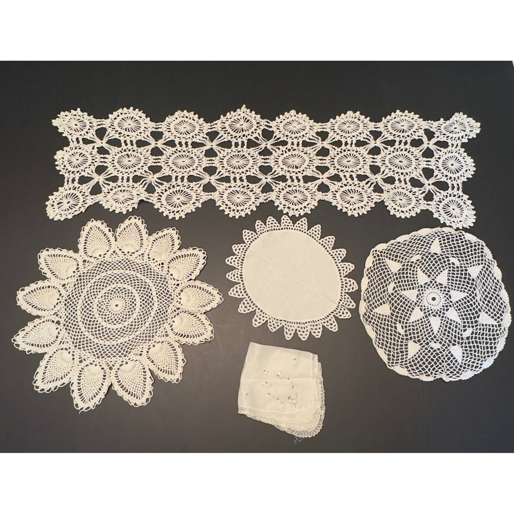 Vintage Crochet Doily Table Runner Handmade Lace 5pc Mixed Set Cottagecore Chic